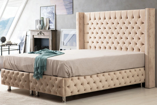 Lit Coffre CLOUTE BEIGE - Velours capitonné